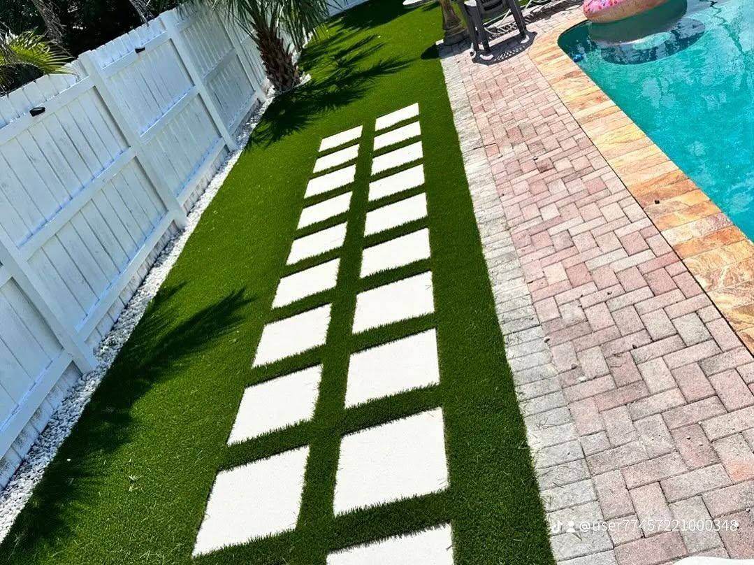 Poolside turf and paver stepping stones